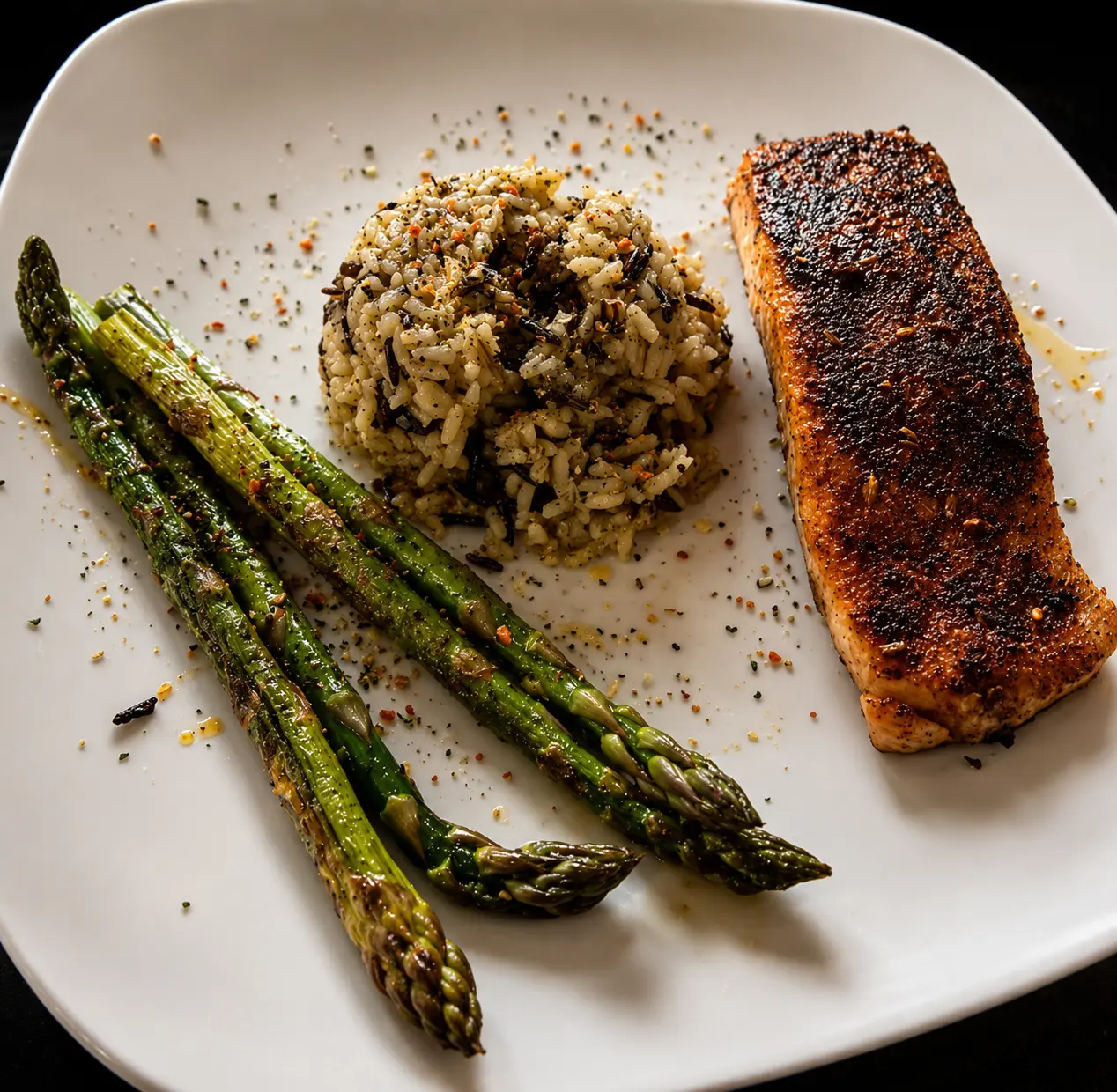 Blackened salmon fillet with wild rice and grilled asparagus