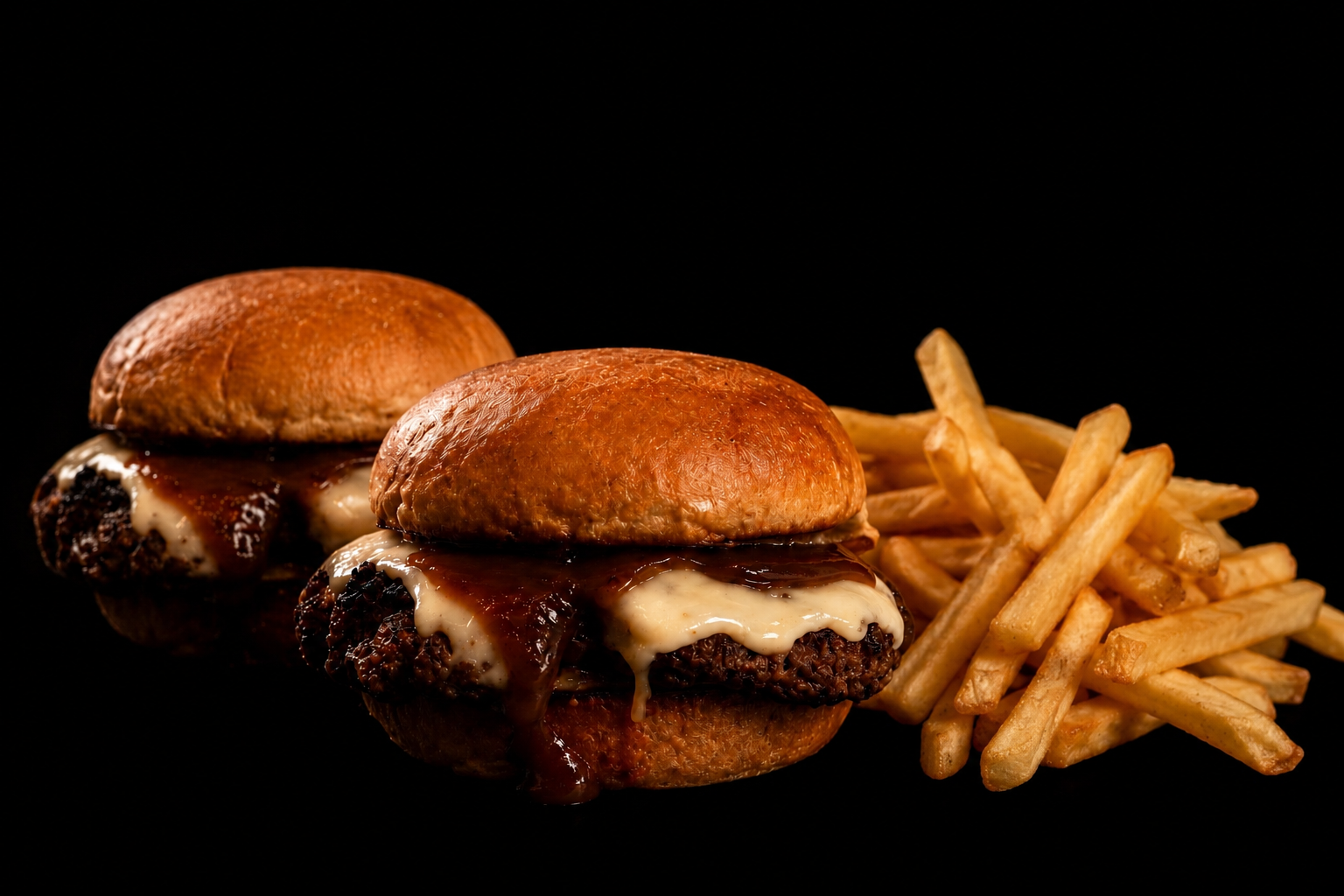 Two Wagyu sliders with melted cheese and sauce on brioche buns served with golden fries