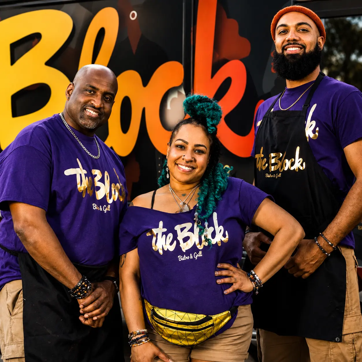 The Block Bistro & Grill owner and team in purple branded shirts in front of the restaurant's food truck