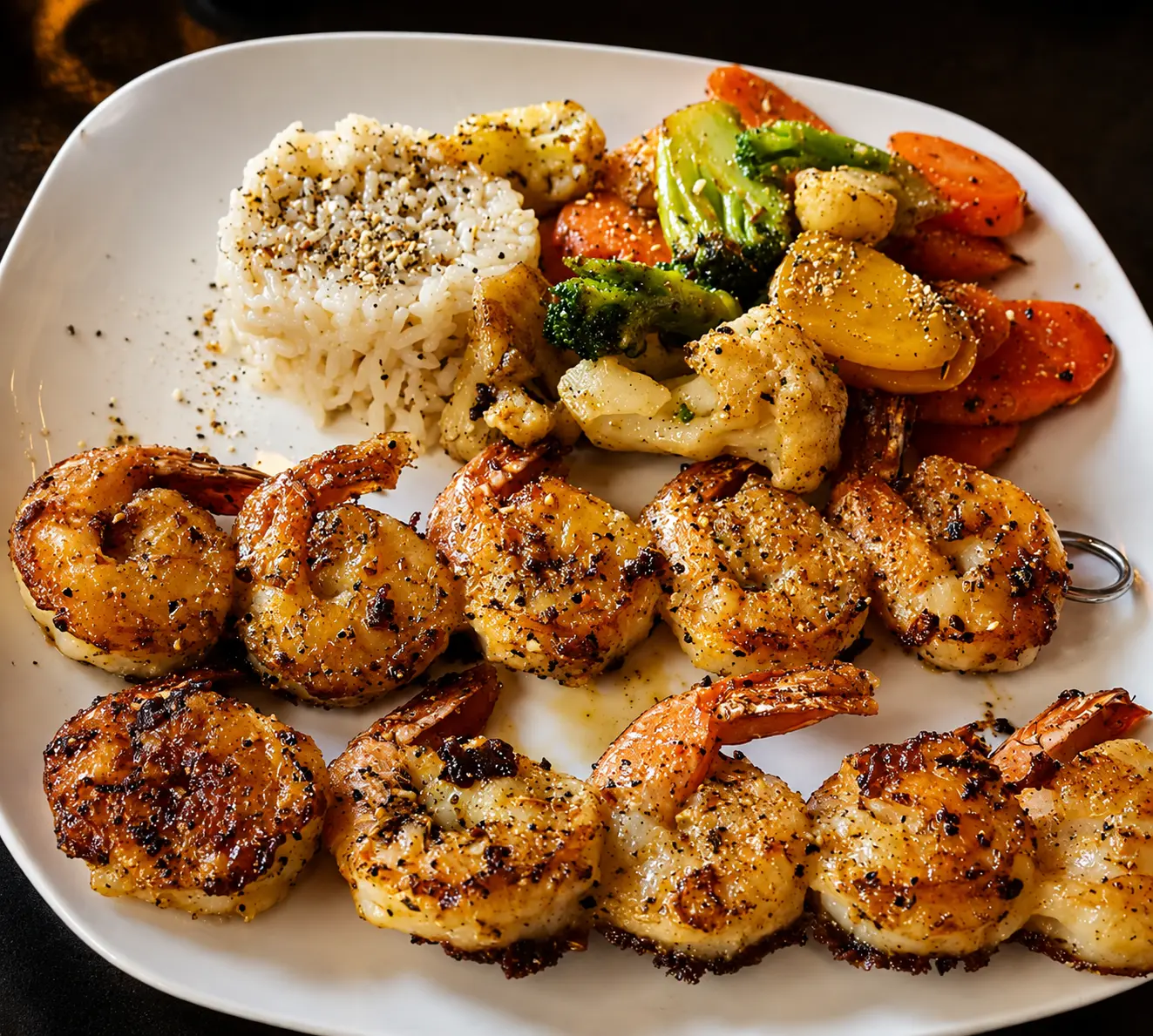 Grilled shrimp skewers with rice and sauteed vegetables