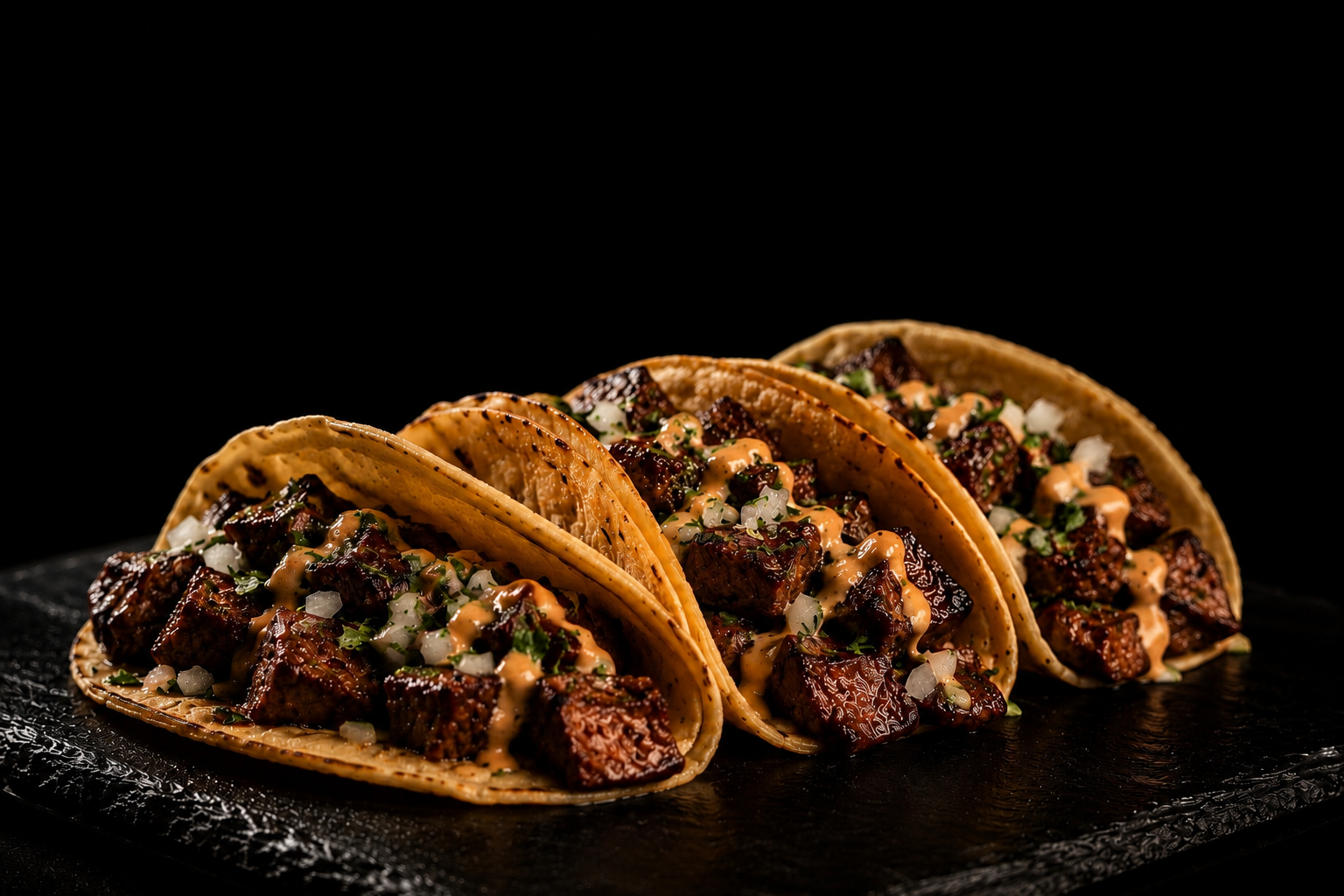 Three Wagyu steak tacos topped with onion, cilantro and chipotle crema on charred tortillas